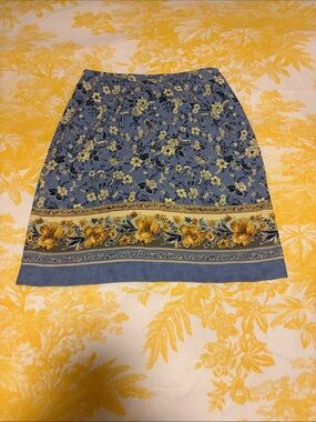 Talbots Blue Floral A-Line Skirt with Yellow Border